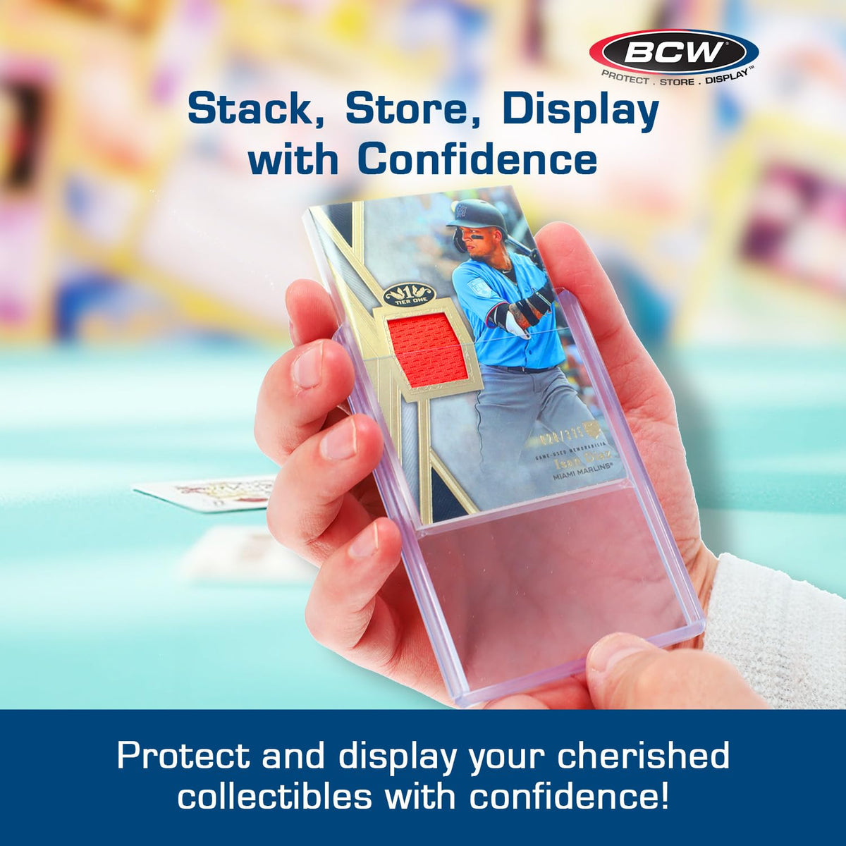 BCW jersey patch relic top-load holder protects prized pieces.