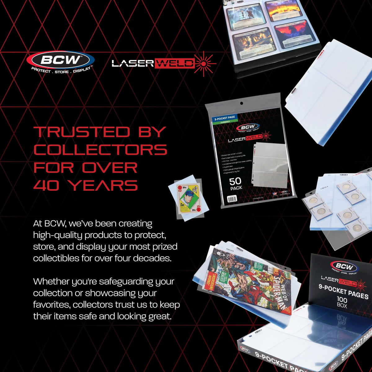 BCW LaserWeld 9-Pocket Pages great for collectors organizing Pokemon MTG baseball cards