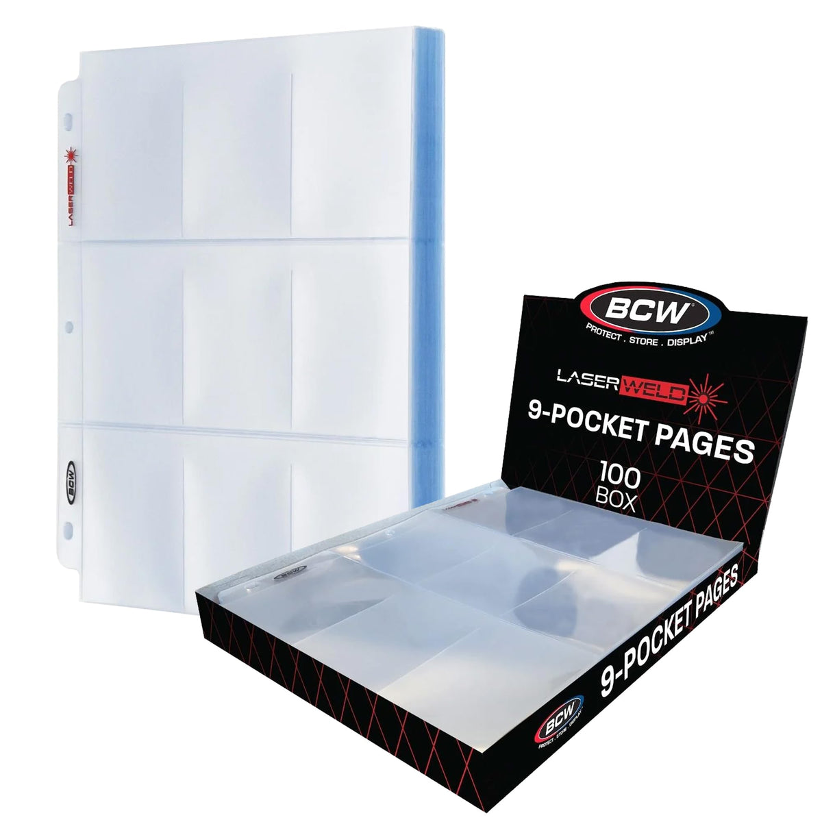 BCW LaserWeld 9-Pocket Pages flatlay display for cards with a professional binder look