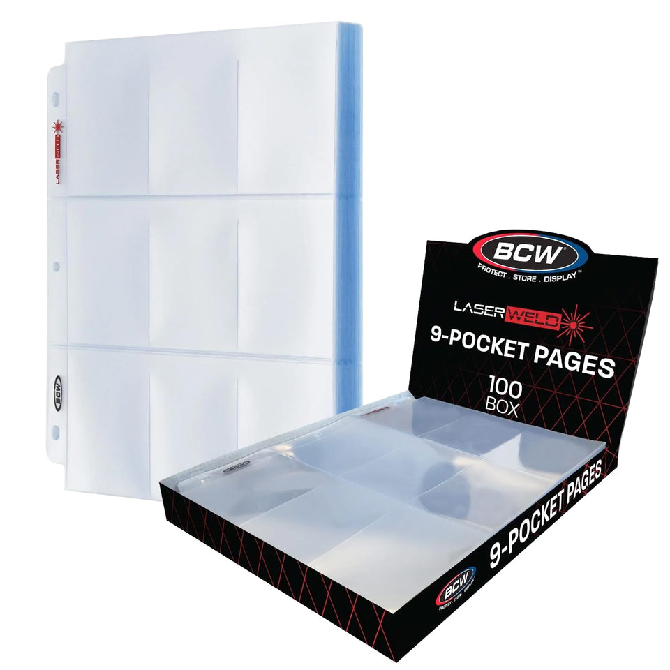 BCW LaserWeld 9-Pocket Pages flatlay display for cards with a professional binder look