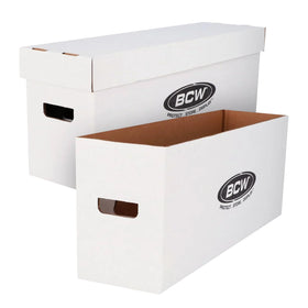 BCW long comic storage box front view shows sturdy construction for safe stacking