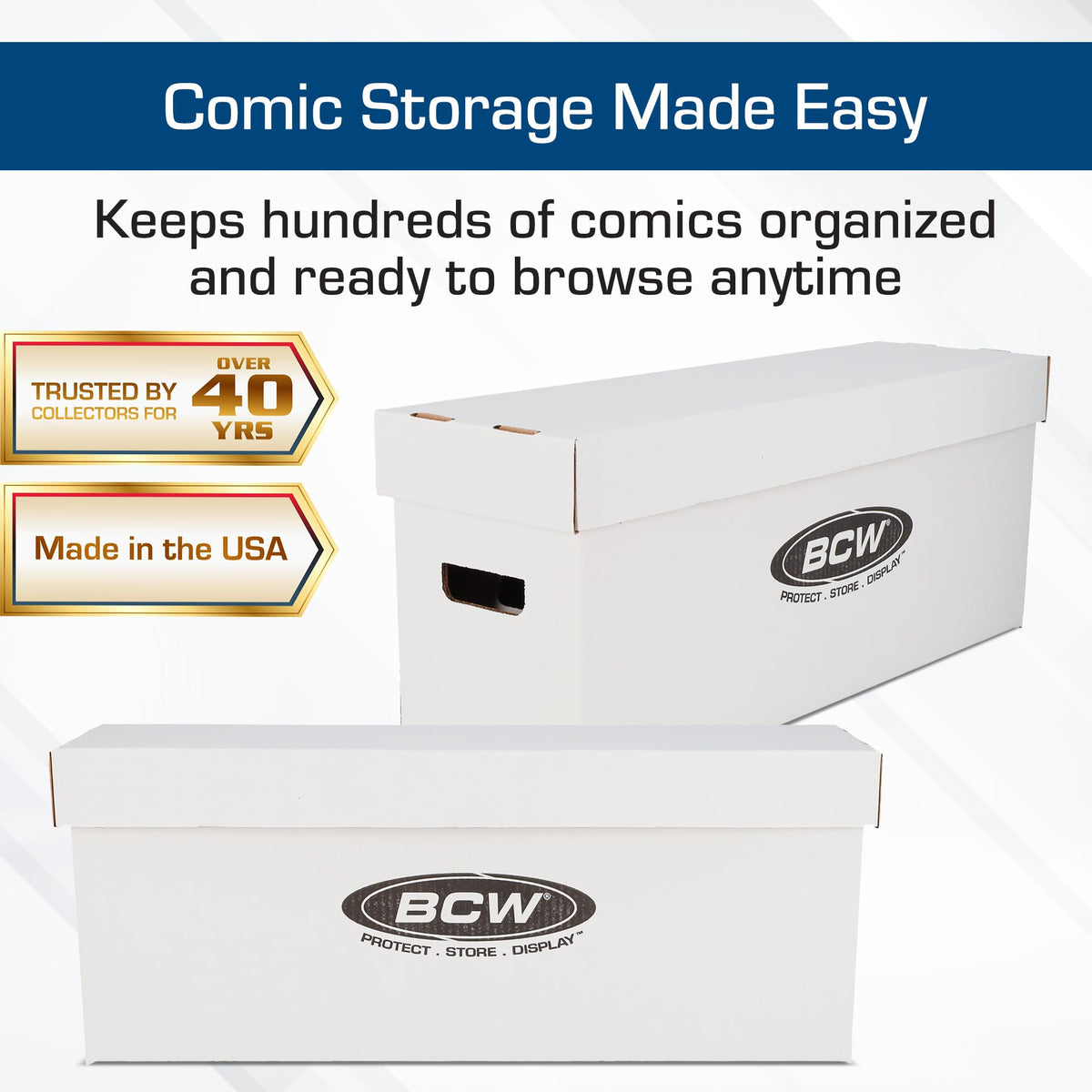 BCW long box interior view with comics demonstrates ample capacity for storage