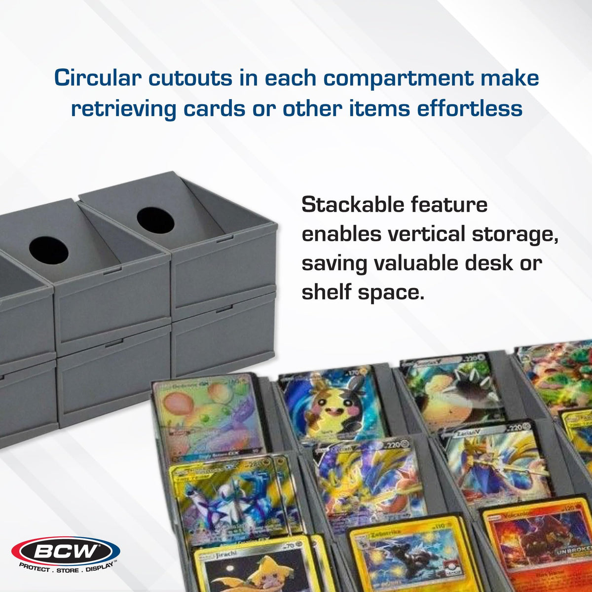 BCW modular tray dimensions accommodate sleeves and top loaders.