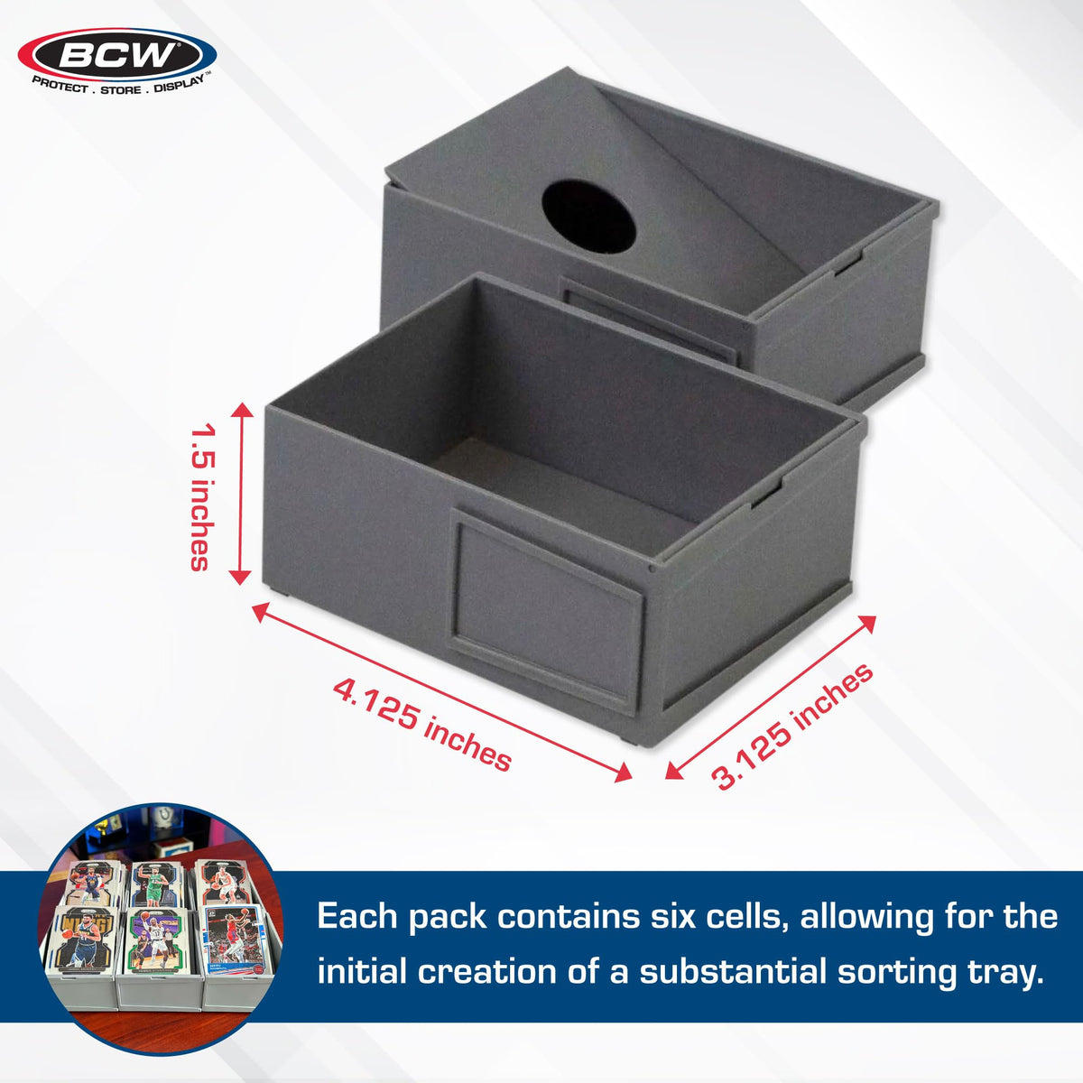 BCW tray with angled base option aids easy card viewing.