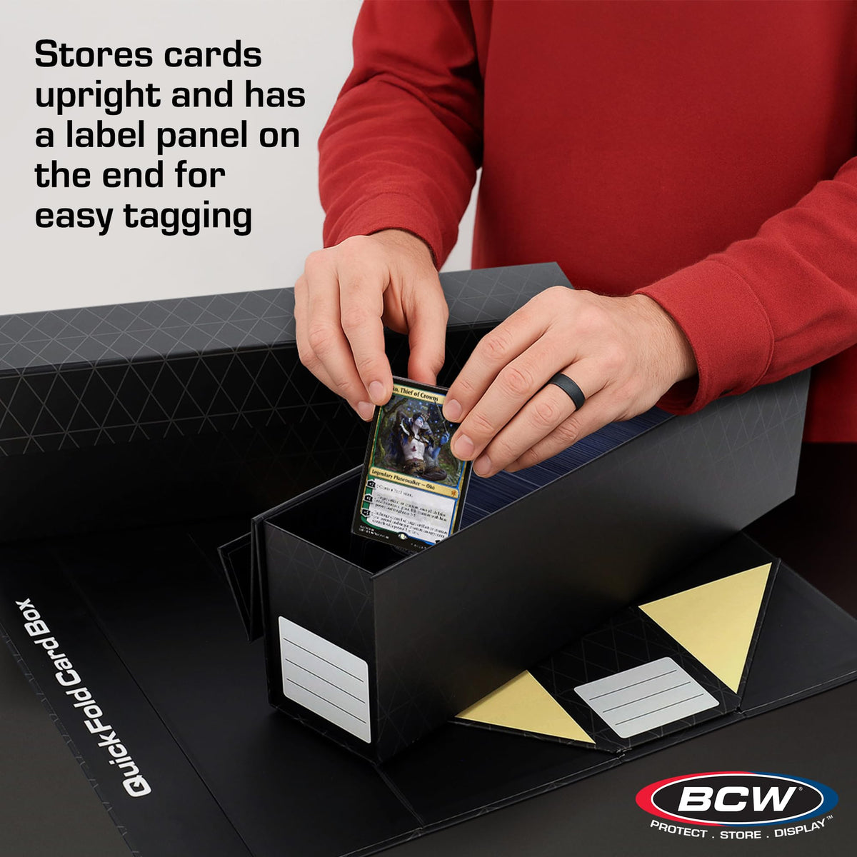 BCW QuickFold magnetic closure boxes keep cards secure on shelves