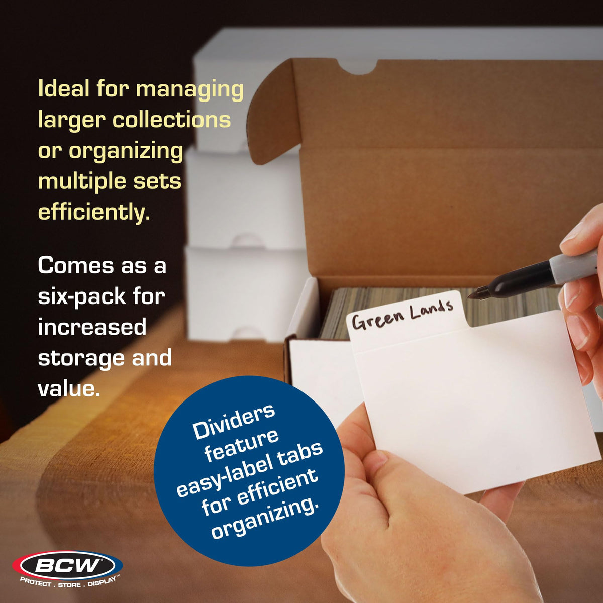 BCW stackable storage on a shelf demonstrates space-saving organization.