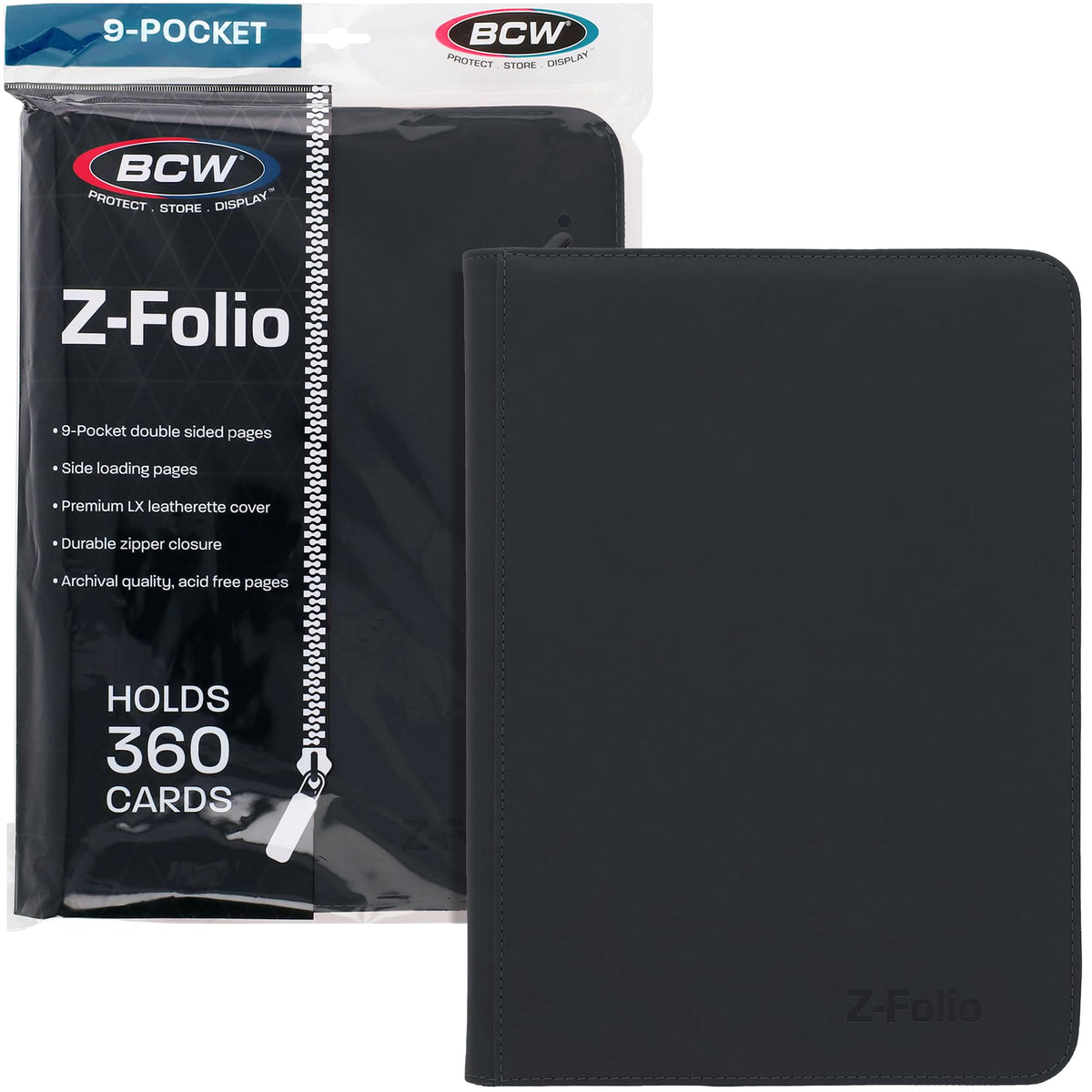BCW Top Loader Binder with black leatherette cover keeps cards protected and organized.