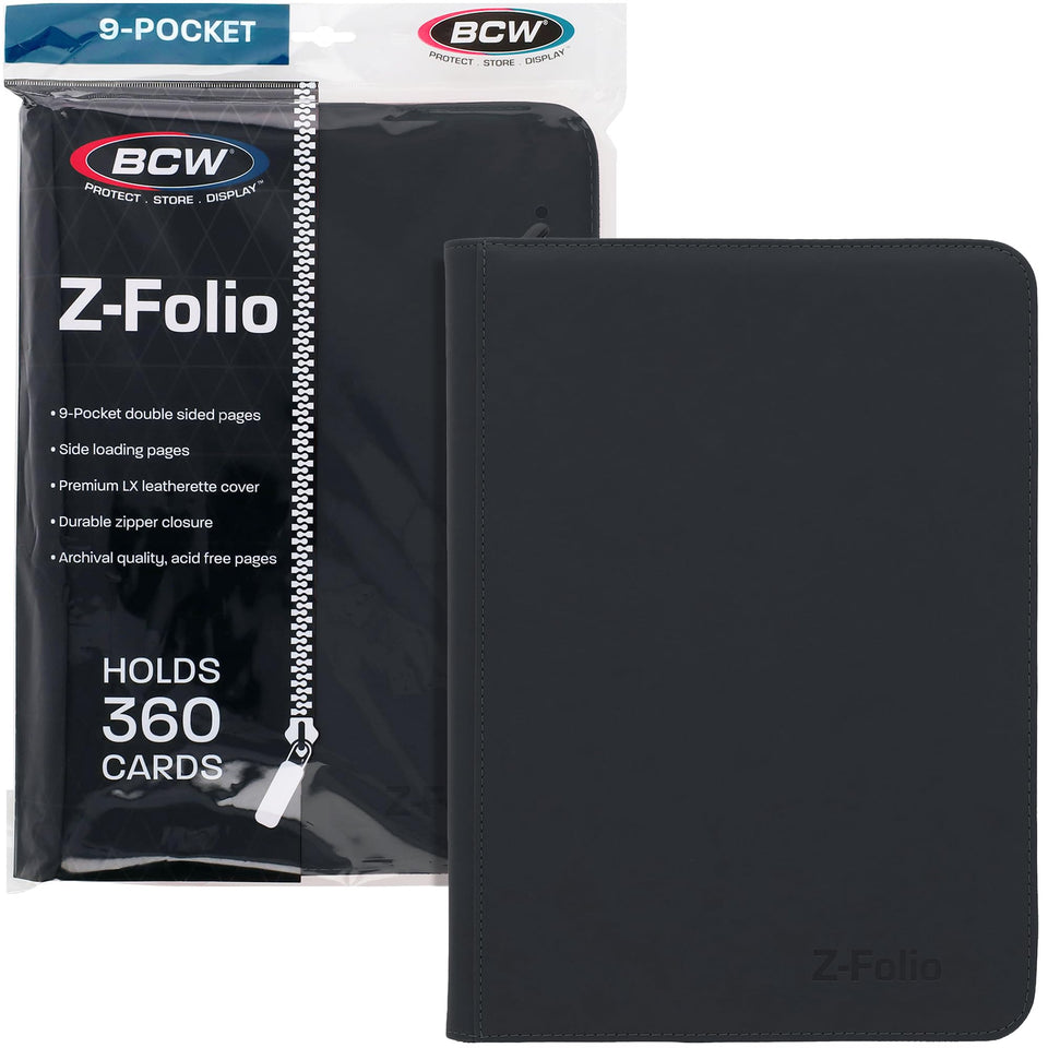 BCW Top Loader Binder with black leatherette cover keeps cards protected and organized.