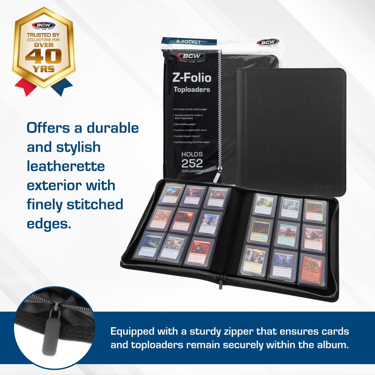 BCW binder wrap-around zipper secures contents and prevents accidental spills.