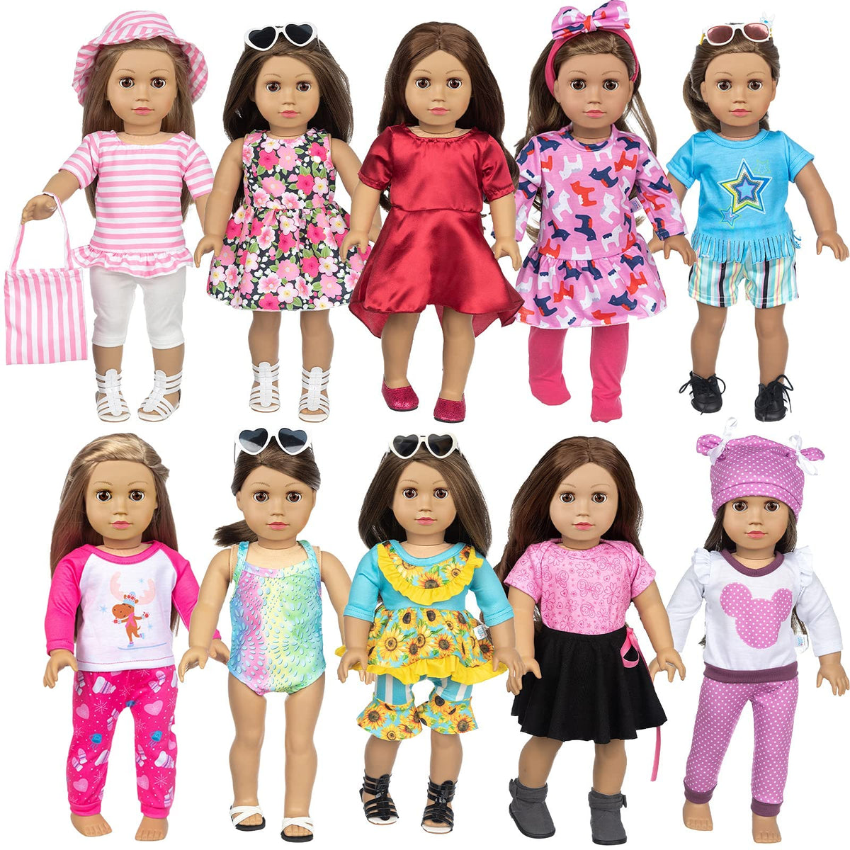 BDDOLL 18-inch doll clothes collection with 10 outfits for stylish play.