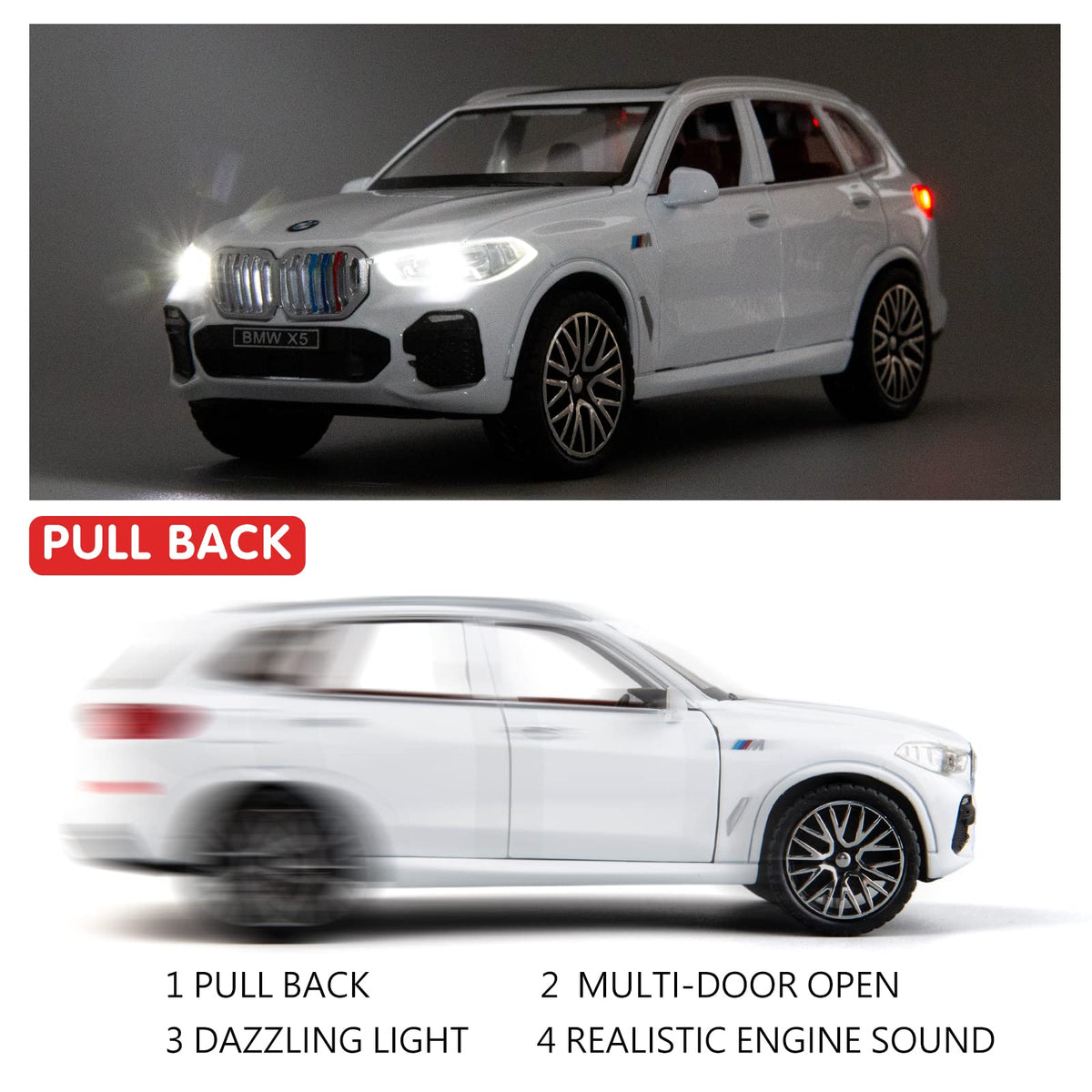 BDTCTK 1:32-scale car with open doors and lights—interactive details