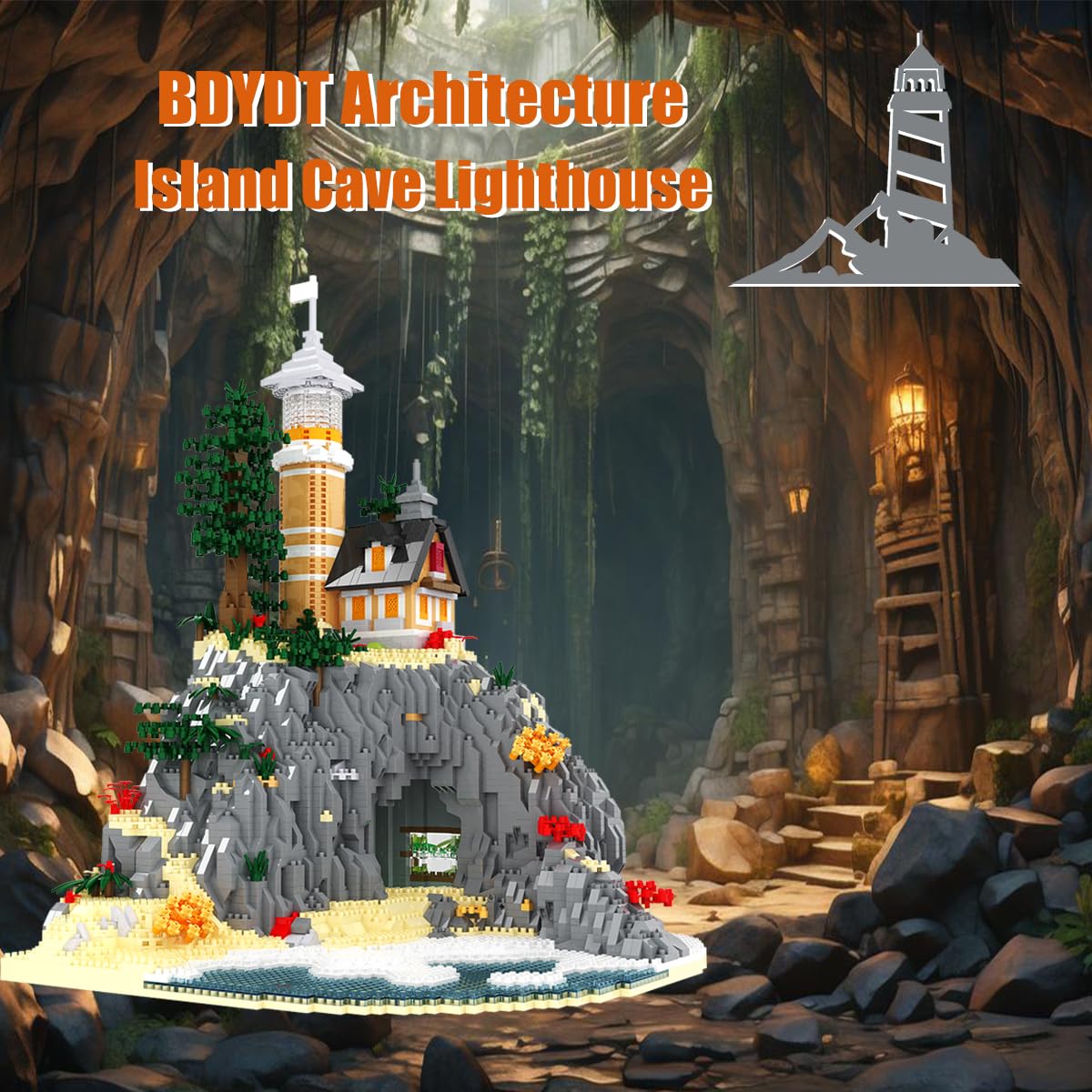 BDYDT Architecture Island Cave Lighthouse front detail emphasizes lighthouse texture.