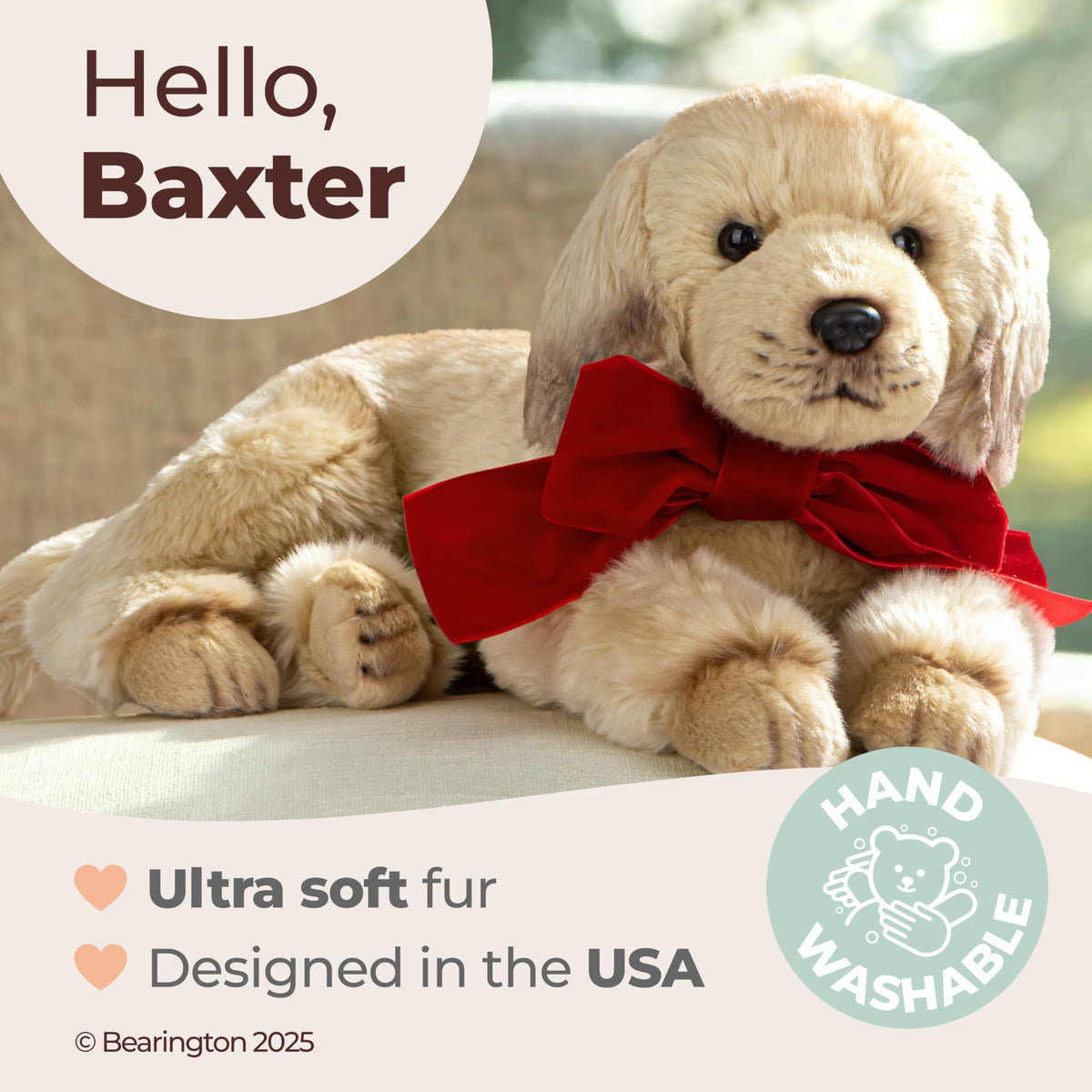 Bearington Baxter 13inch golden retriever plush with red bow closeup, ideal gift.