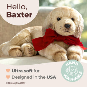 Bearington Baxter 13inch golden retriever plush with red bow closeup, ideal gift.