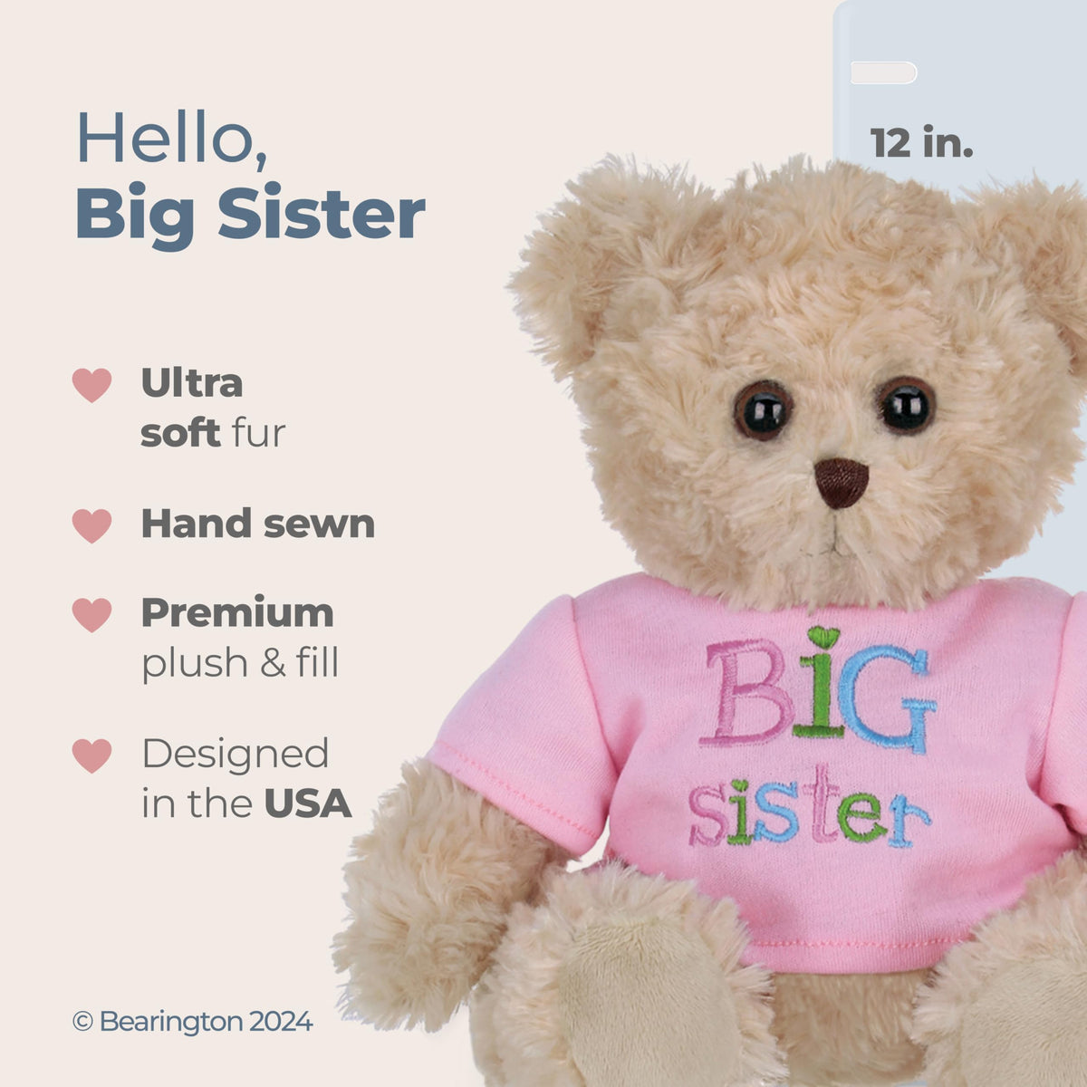 Bearington Big Sister Teddy Bear close-up shows soft plush fur inviting cuddles.