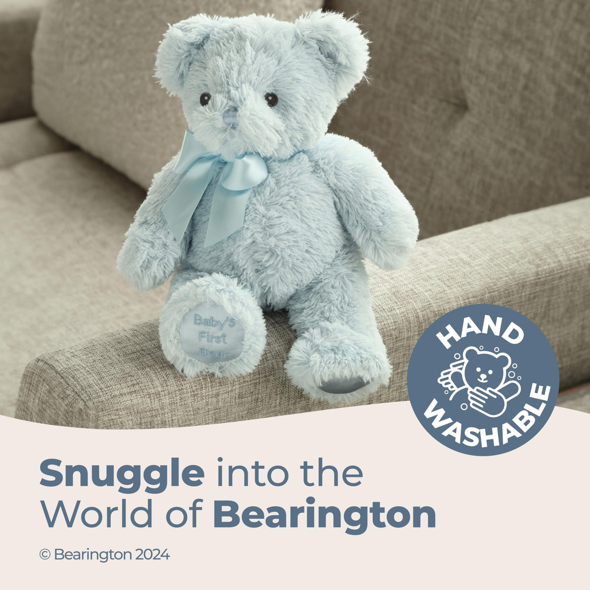 Bearington Blue Teddy Bear baby-first cuddle companion for gentle play.