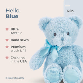 Bearington Blue Teddy Bear premium plush fur delivers soft snuggles.