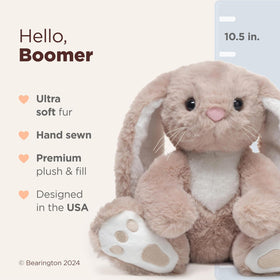 Bearington Boomer full-body view, 10.5-inch bunny ideal for hugs and playtime.