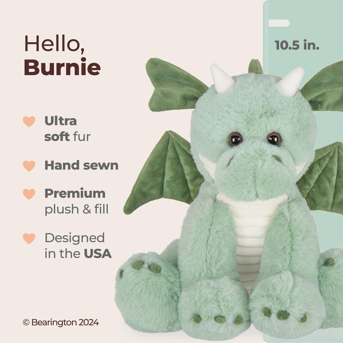 Bearington Burnie dragon with ultra-soft fur and velour wings for comforting hugs.