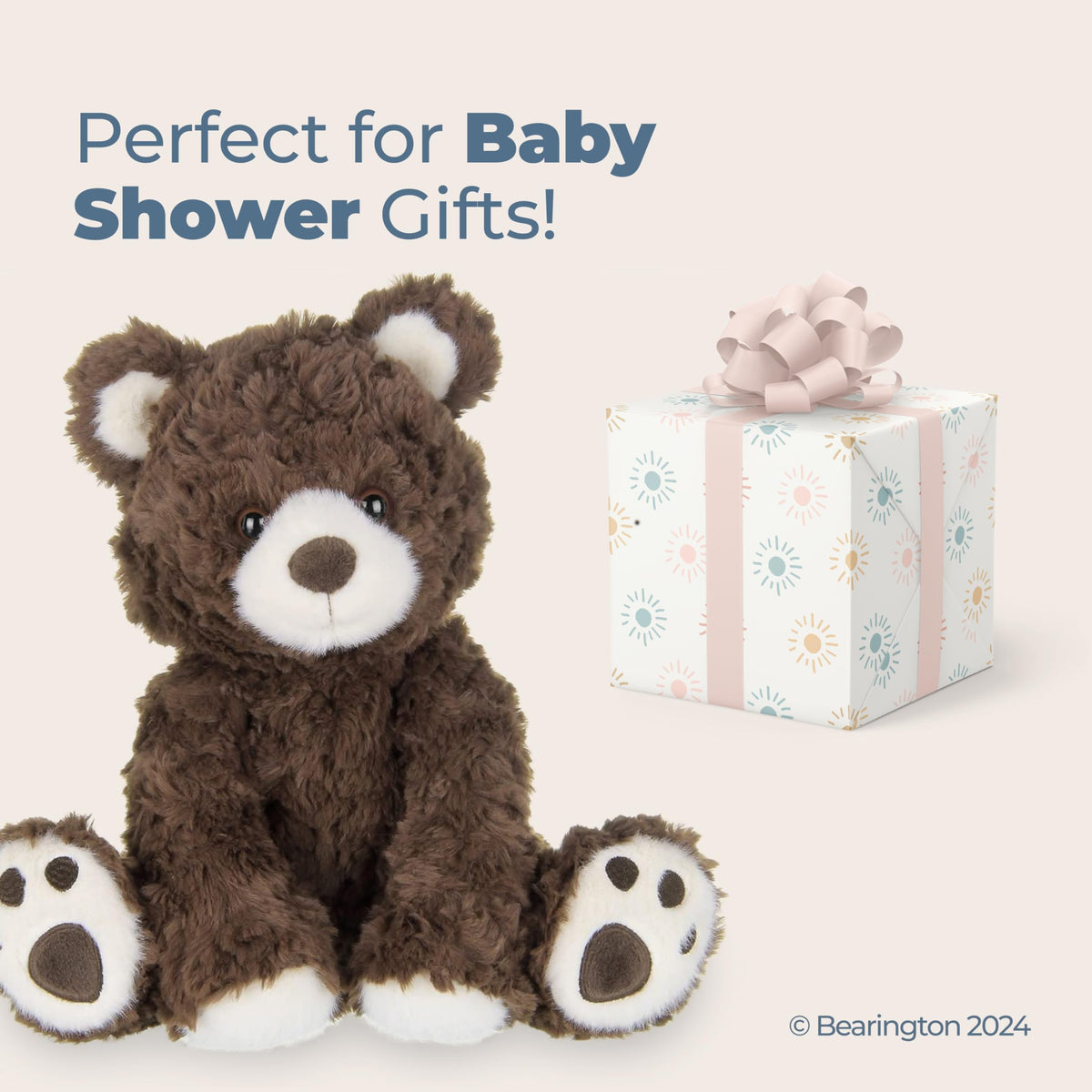 Bearington Clancy teddy pictured on nursery shelf as decor and cuddle buddy.