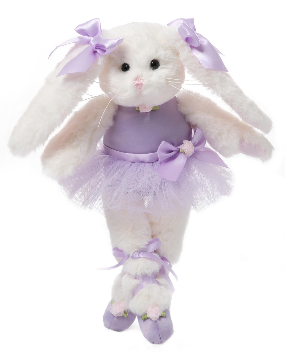 Bearington Collection Ballerina Bunny in a purple tutu ready for imaginative play and recital prep