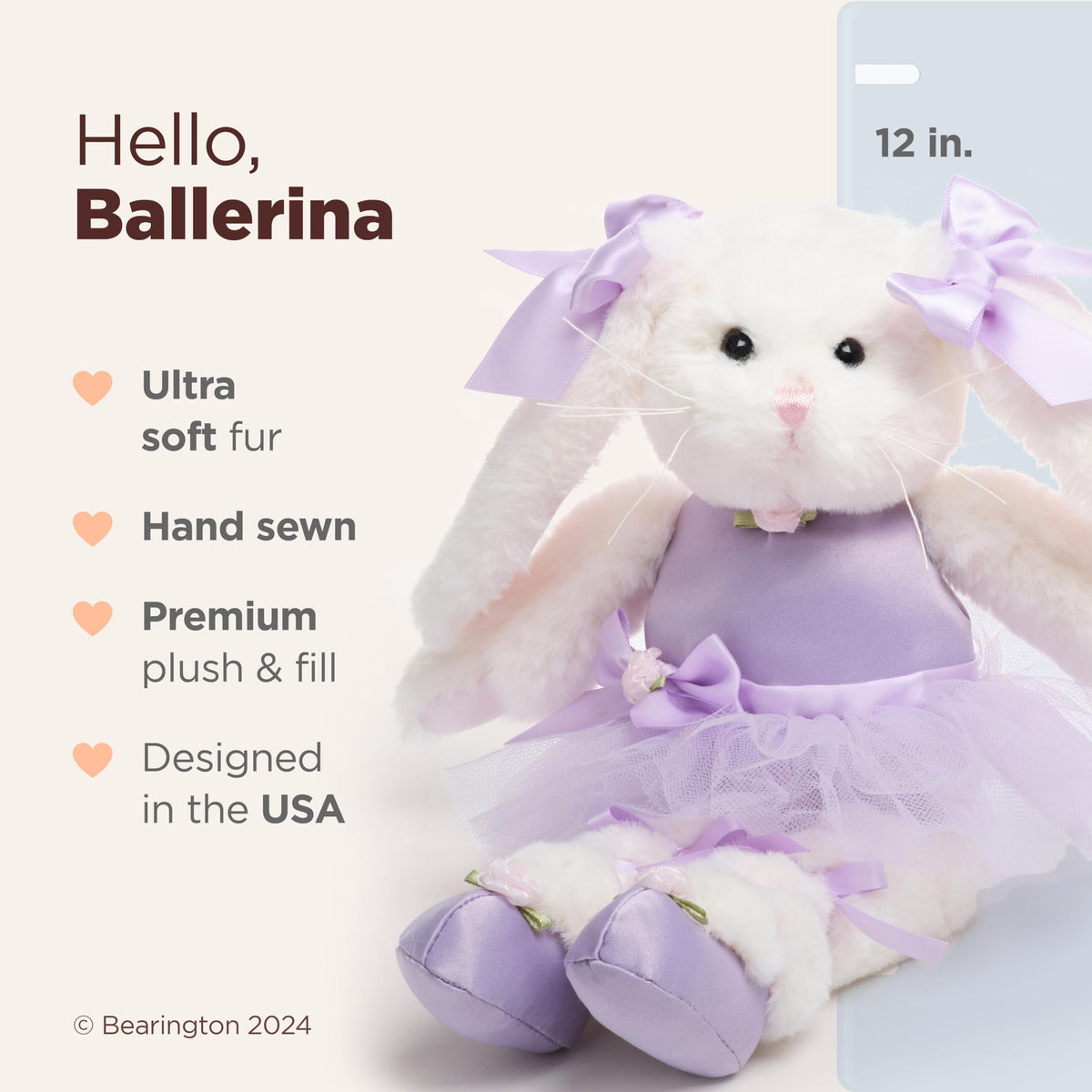 Bearington Collection Ballerina Bunny soft plush body offers warm cuddles at bedtime