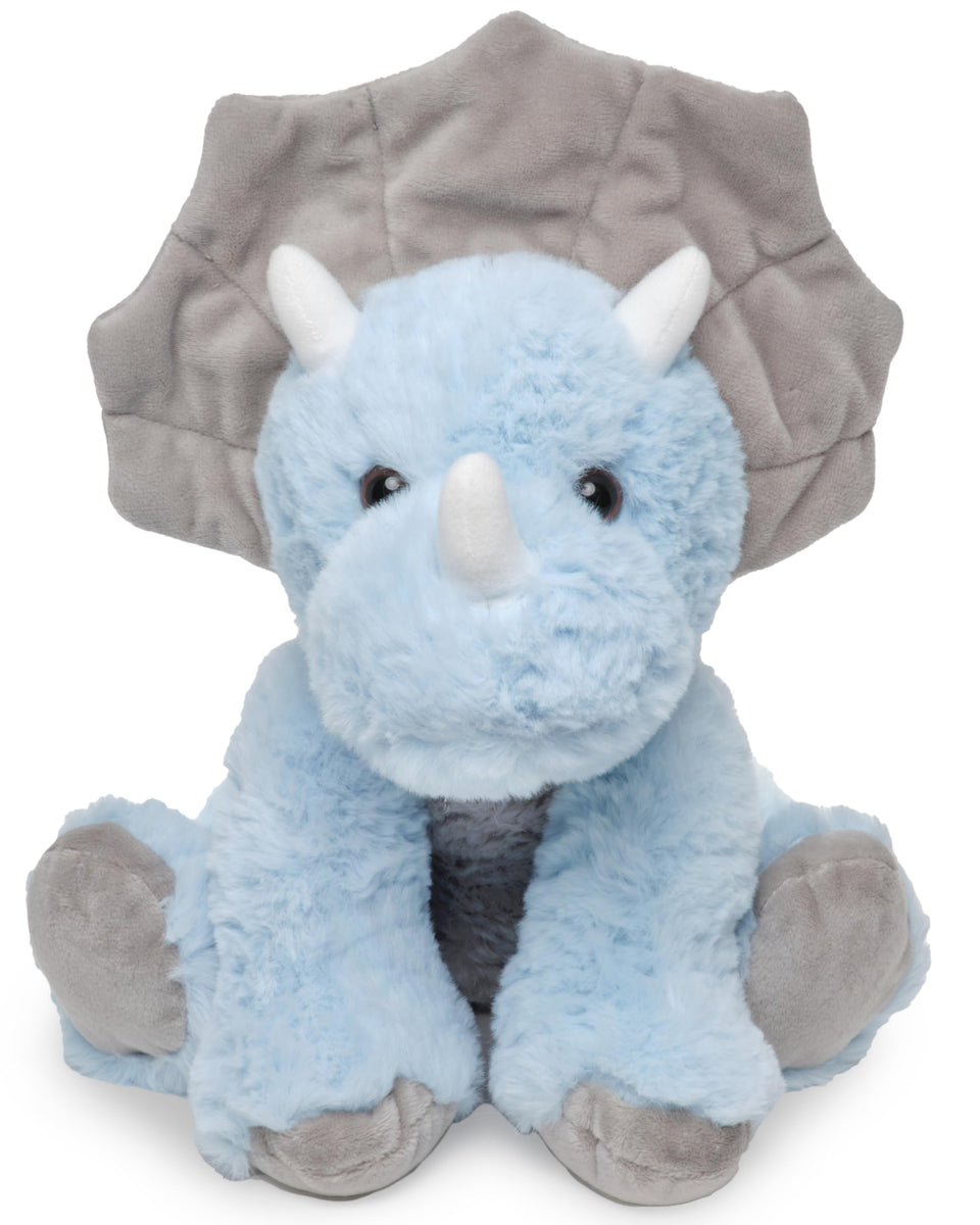 Bearington Collection Triceratops plush, front view, soft blue dinosaur for cozy playtime.