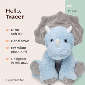 Bearington Triceratops plush, blue fur close-up, ultra-soft texture ideal for hugs.