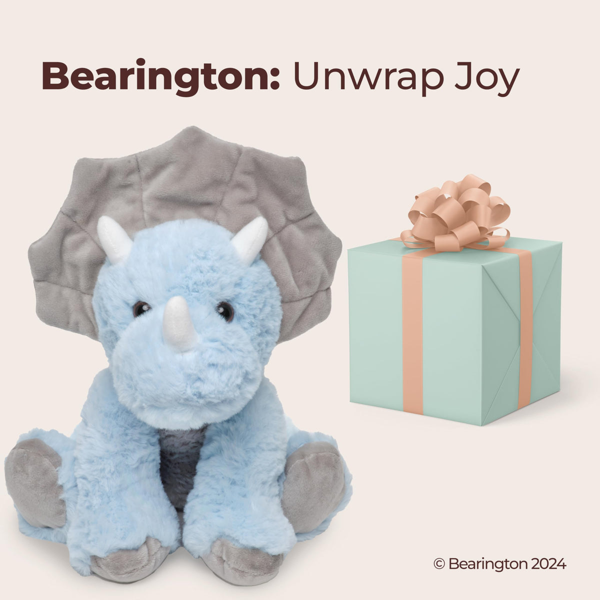 Bearington collection blue triceratops in studio shot highlights stitching.