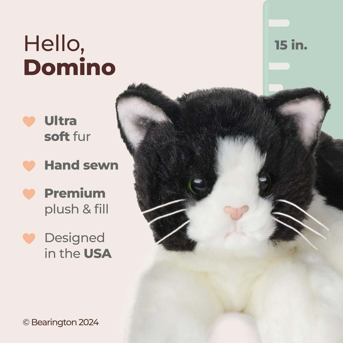 Bearington Domino tuxedo cat plush highlights classic black and white pattern for stylish decor
