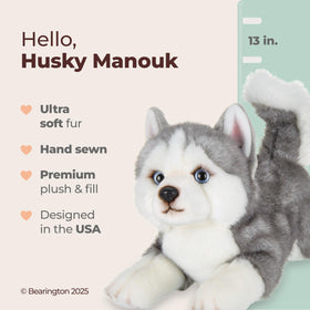 Bearington Manouk Husky plush face close-up highlights lifelike features and expressive eyes