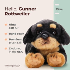 Bearington Gunner rottweiler plush in a hugging pose for comforting play.