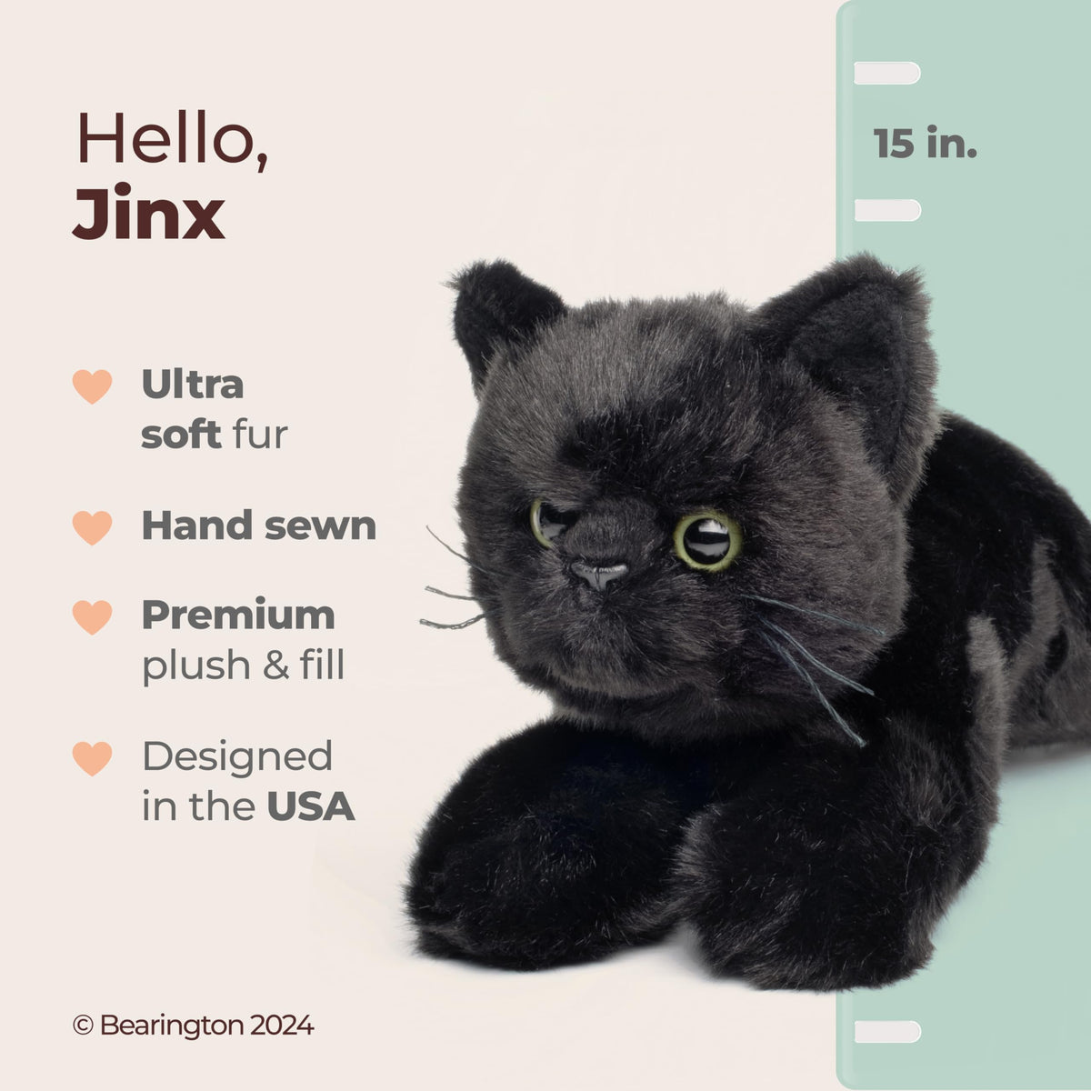 Bearington Jinx black cat plush eyes showcase realistic sparkle for storytelling