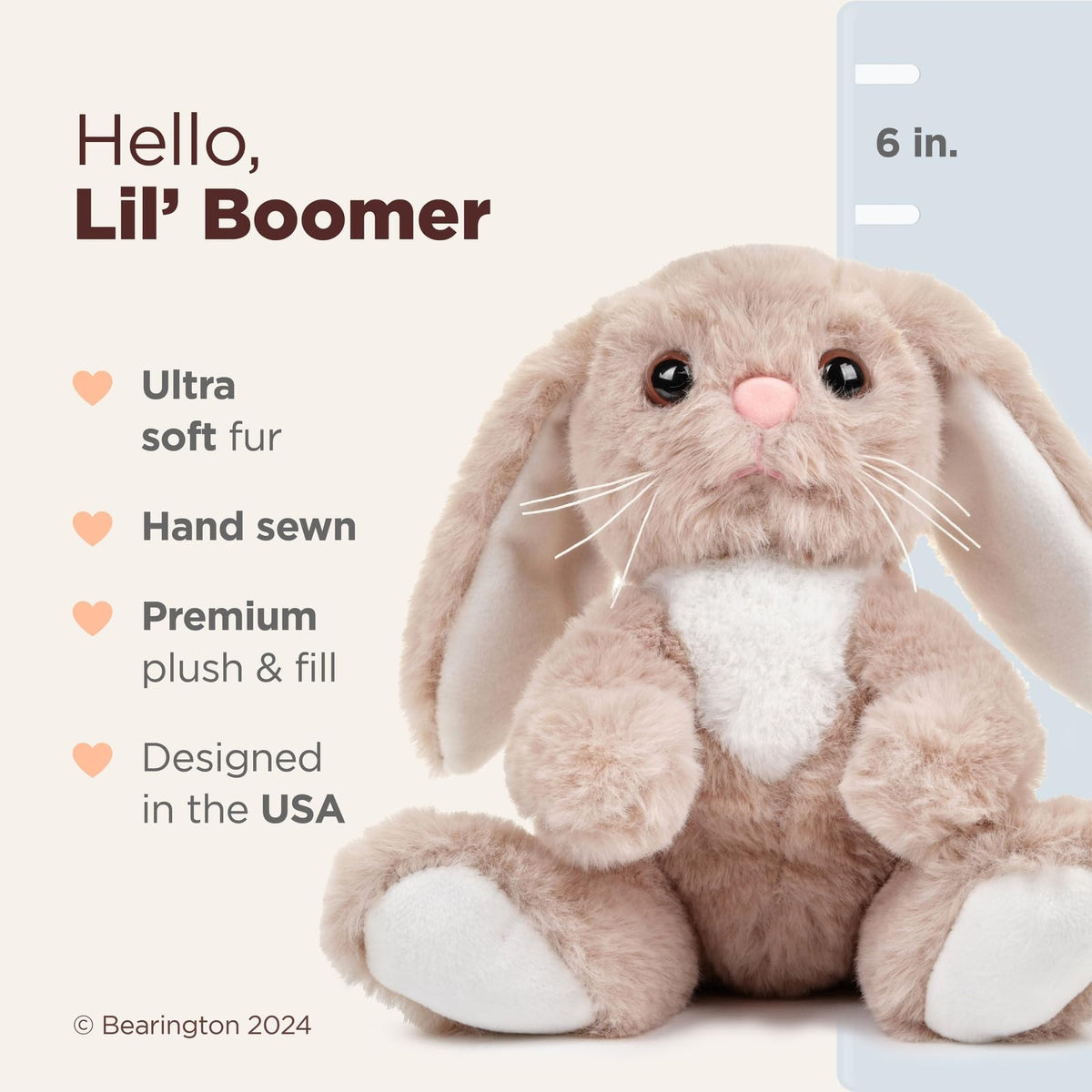 Bearington Lil' Boomer 6-inch bunny, closeup showing detailed stitching for durable play.
