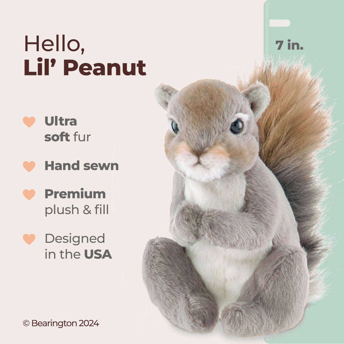Bearington Lil' Peanut Squirrel features soft faux fur for comforting hugs