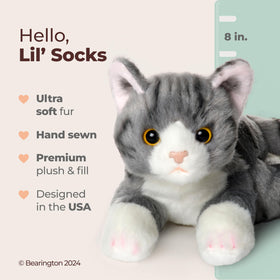 Bearington Lil' Socks cat crouching pose, inviting imaginative play and companionship.