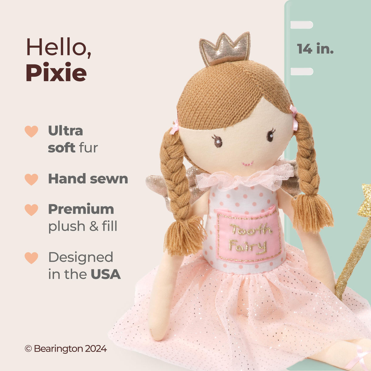 Bearington Pixie hanging on a door as a playful bedroom decor accent