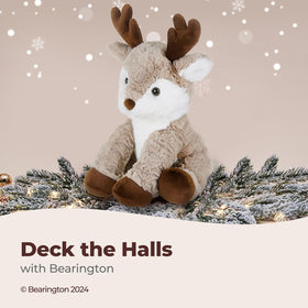 Bearington Reiny huggable body resting in a child’s arms for warmth.