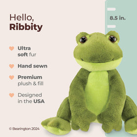 Bearington Ribbity plush frog sitting up for imaginative play.