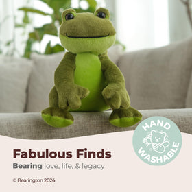 Bearington Ribbity frog with ultra-soft texture for hugs.