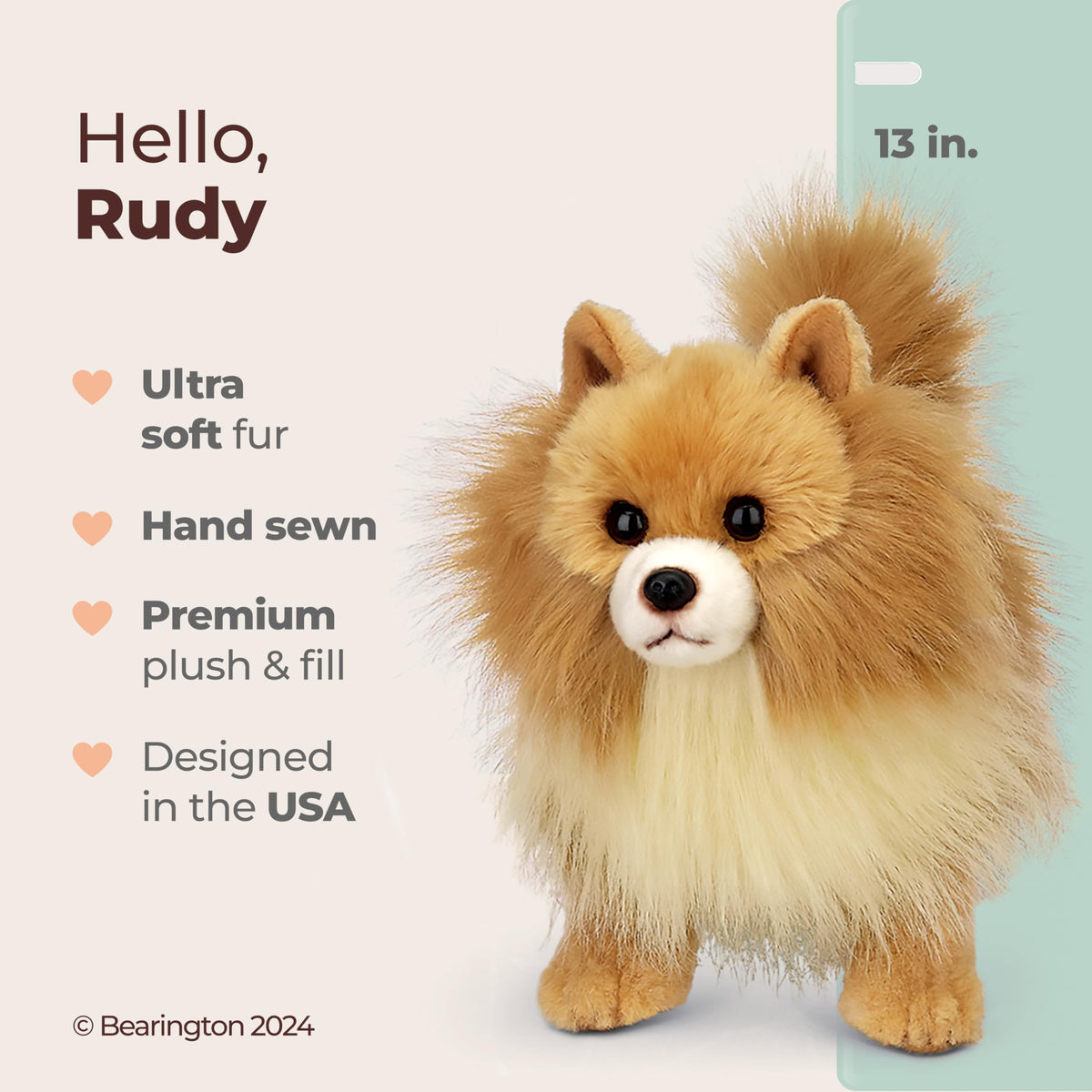 Rudy plush with soft fur invites gentle cuddles and comforting playtime.