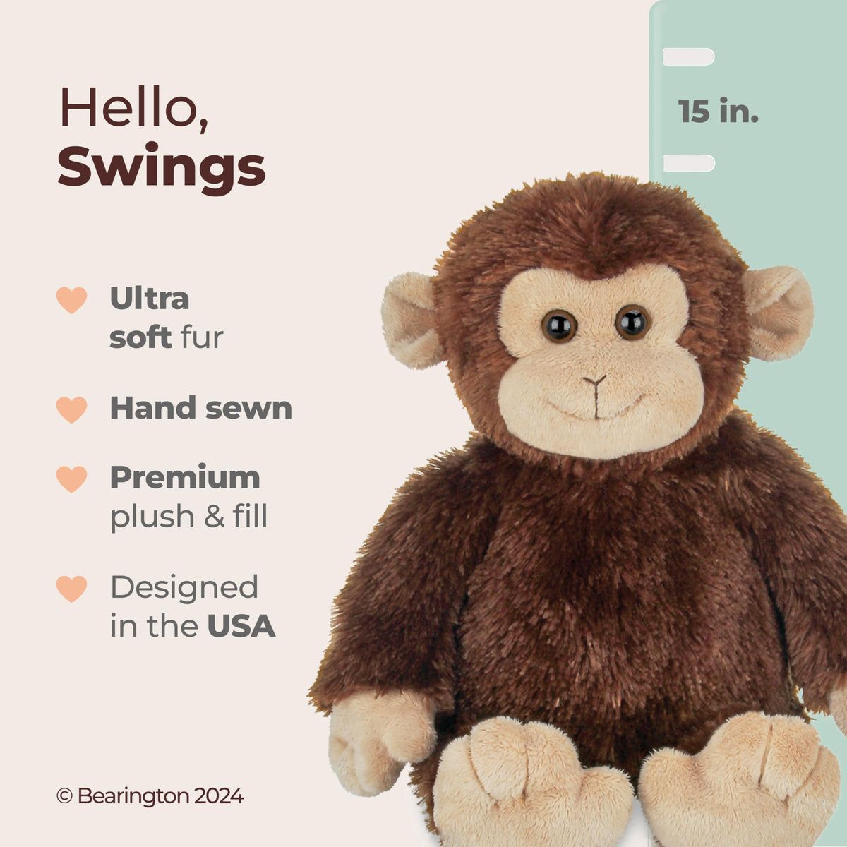 Bearington Swings Monkey snuggle plush with lifelike features for babies.