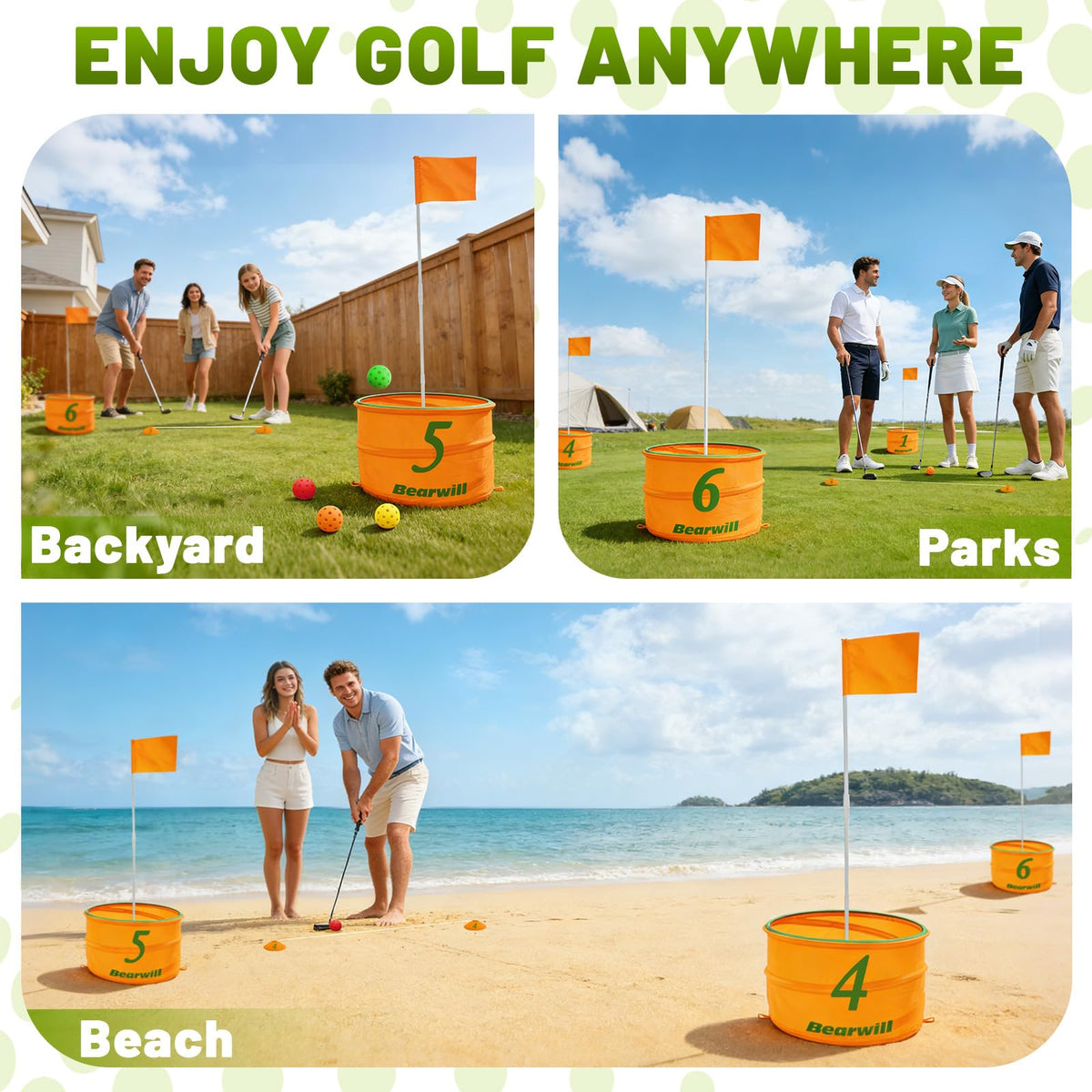 Bearwill Golf Bucket Game balls and flags add colorful, engaging play.