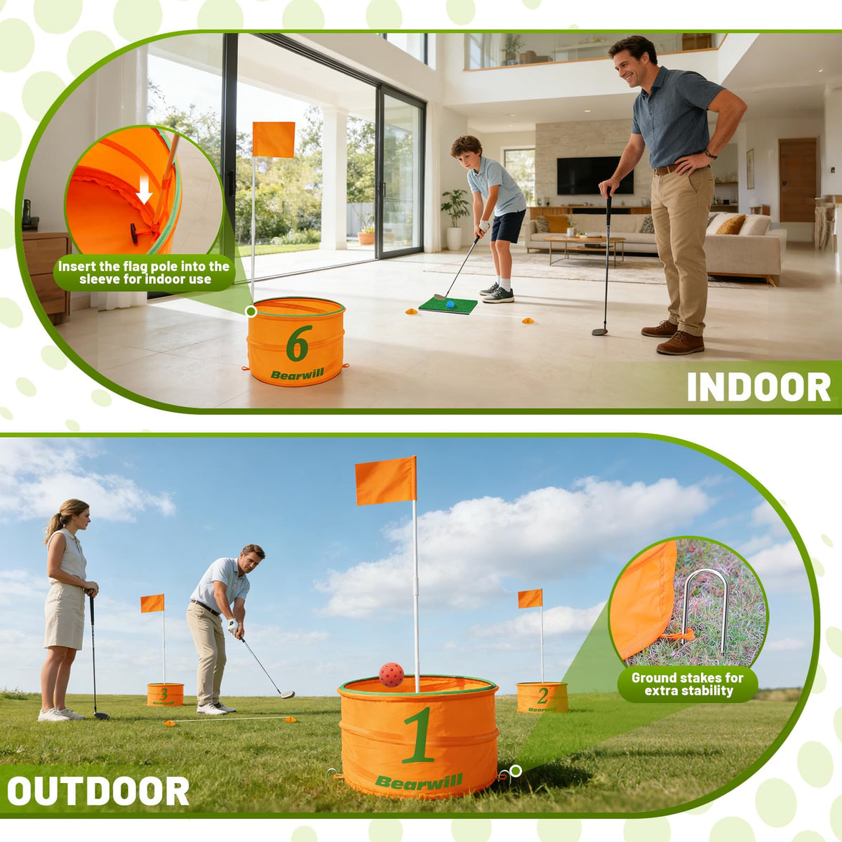 Bearwill Golf Bucket Game target buckets provide visible targets on any surface.