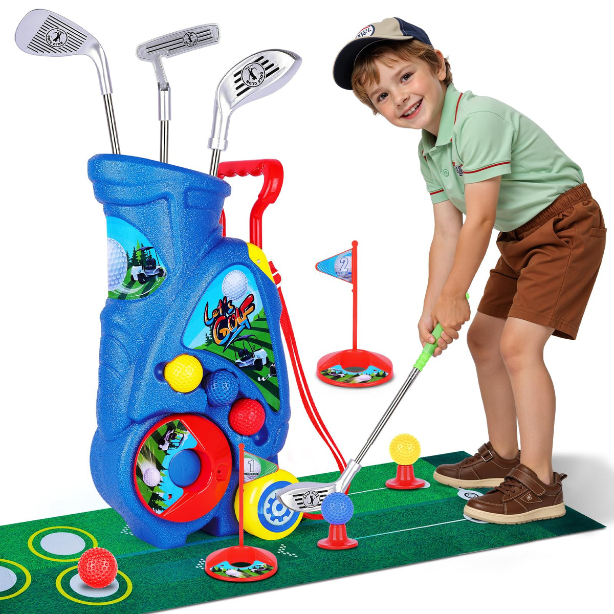 Beautiq toddler golf cart with retractable handle for easy pulling and storage.