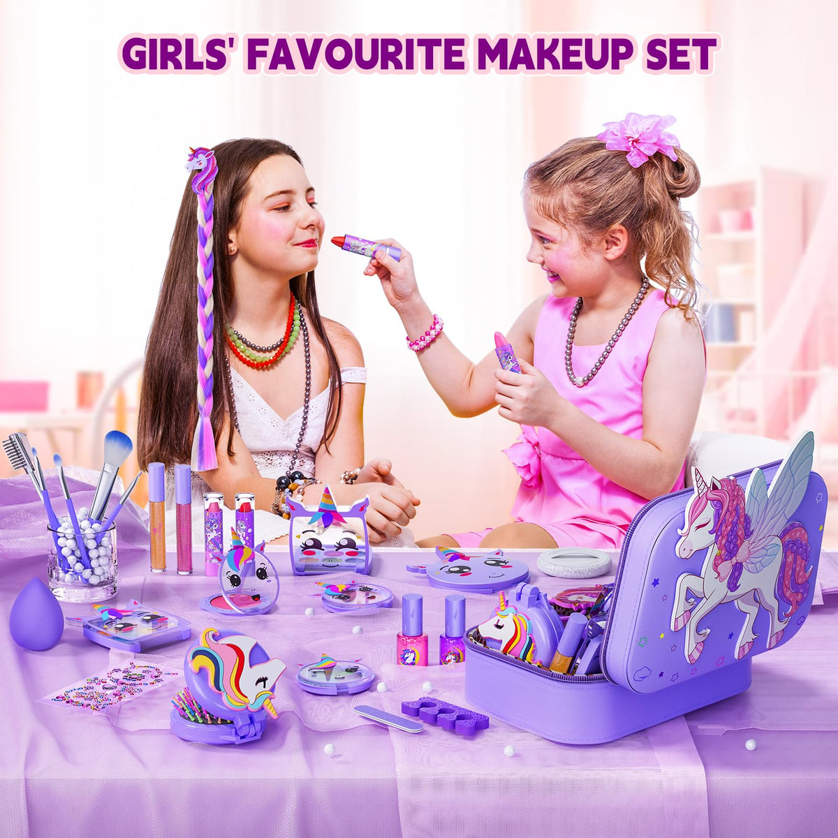 Beayuck Kids Makeup Kit eyeshadow blush lipstick and brushes for creative play