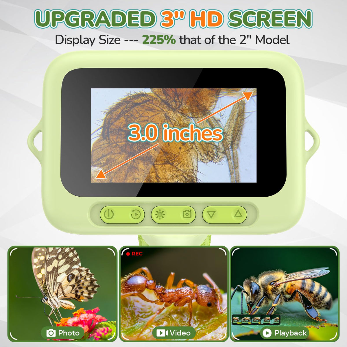BEBANG kids microscope with 8-LED lighting highlights textures on leaves and coins