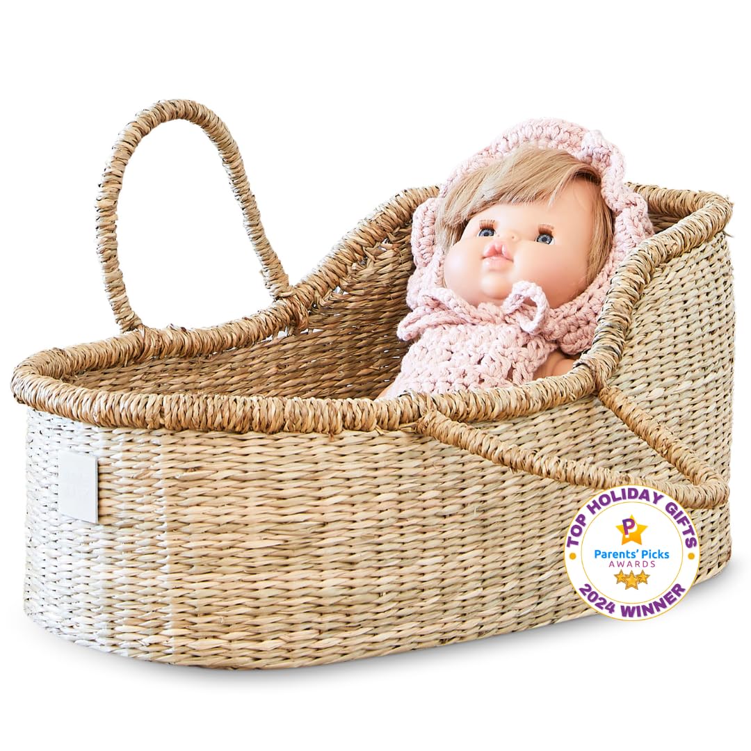 BEBE BASK premium doll bassinet in seagrass with luxe mattress for dolls