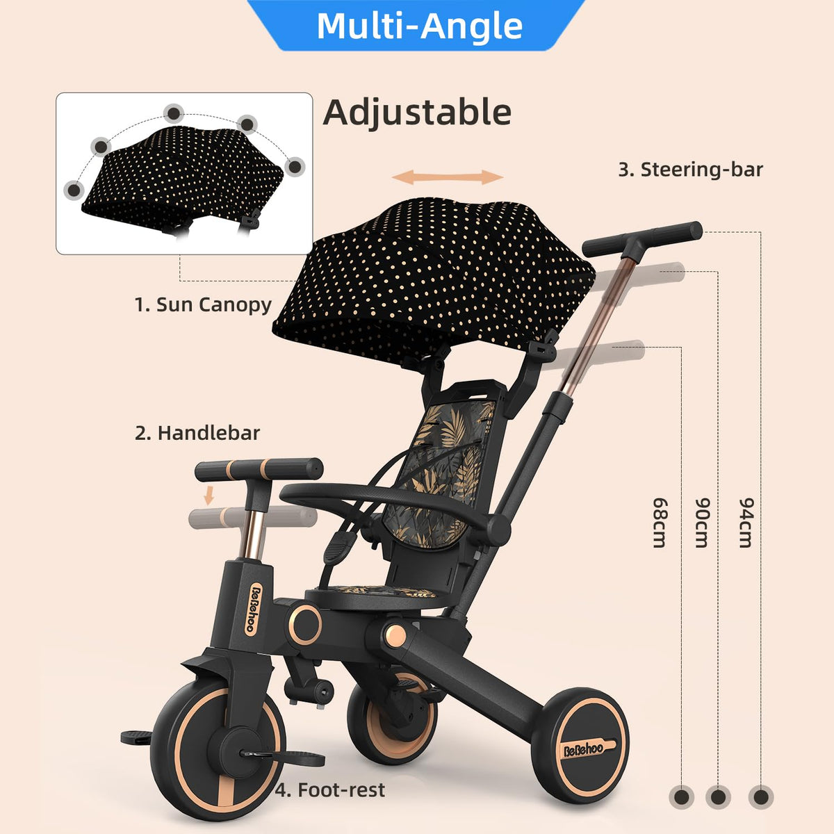 Sturdy gold-finish frame of Bebehoo tricycle stroller