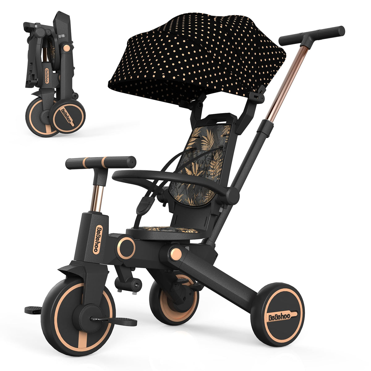 Bebehoo gold tricycle stroller front view for toddlers' versatility